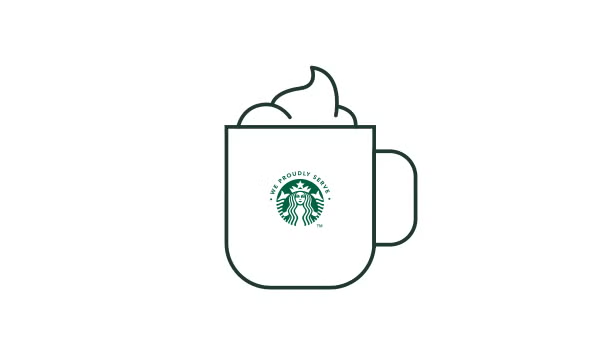 Lijnillustratie van een We Proudly Serve Starbucks koffiemok met slagroom