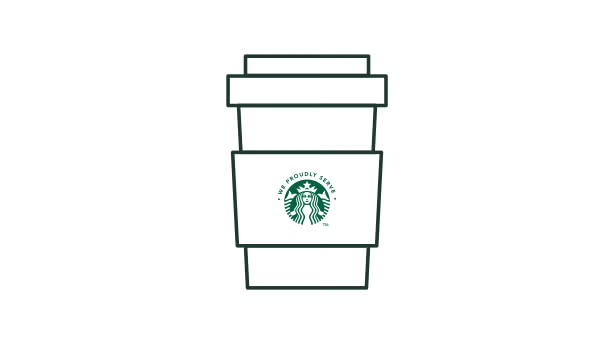 Illustration au trait d’une tasse à café à emporter avec le logo We Proudly Serve Starbucks