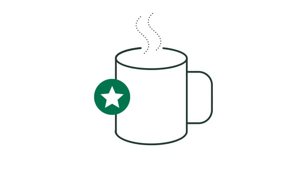 Illustration d’une tasse de café chaud avec un badge vert en forme d’étoile