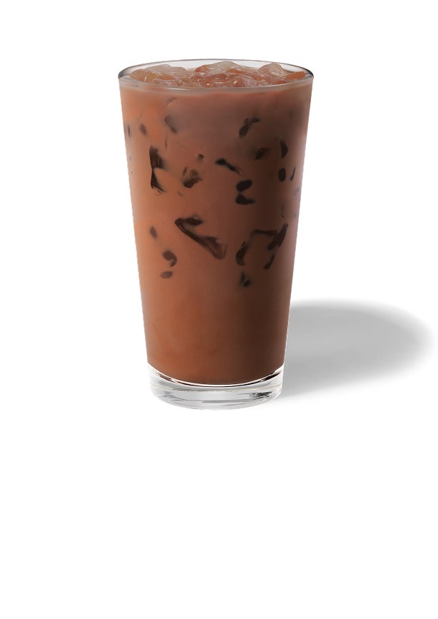 An iced mocha in a tall glass