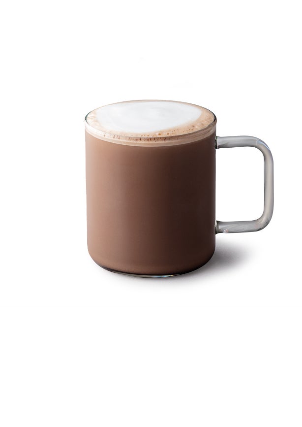 A mocha in a glass mug