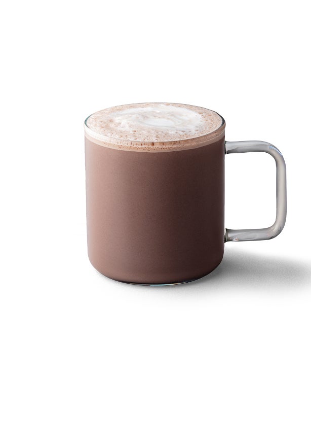 A classic hot chocolate in a glass mug