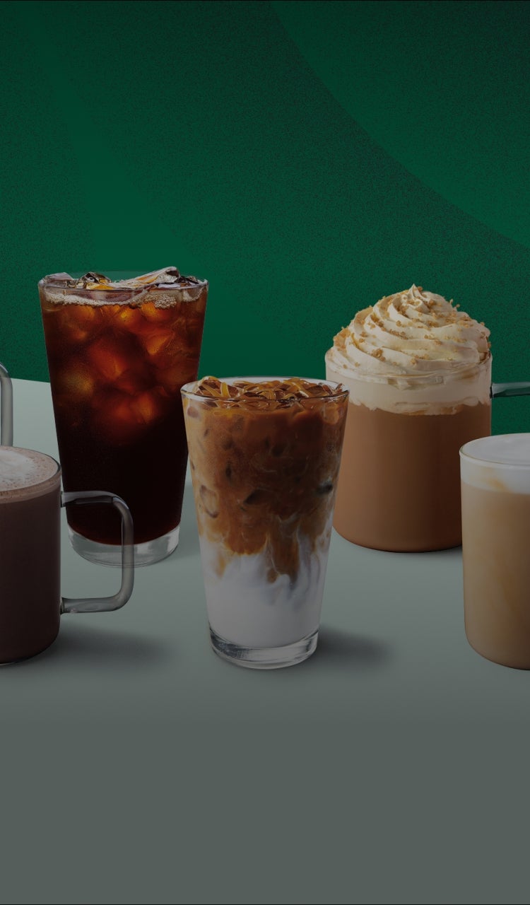 A variety of coffee and other beverages arranged in two rows