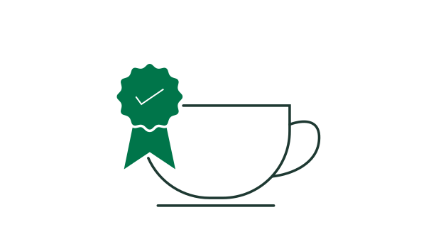 Line illustration of a coffee cup with green award badge