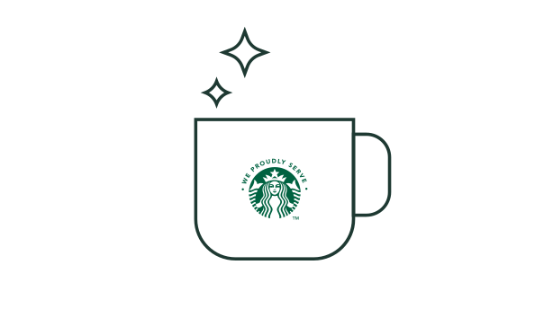 Line illustration of a We Proudly Serve Starbucks coffee mug with sparkles