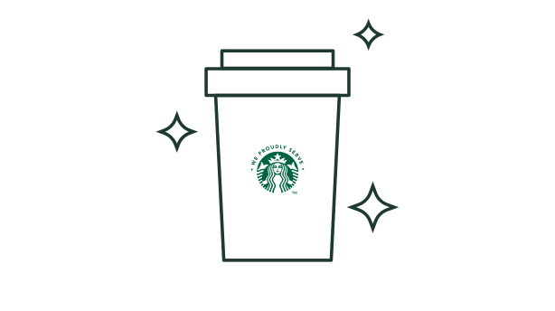 Line illustration of a takeaway coffee cup with a We Proudly Serve Starbucks logo with sparkles around it