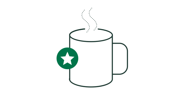Line illustration of a hot coffee mug with green star badge