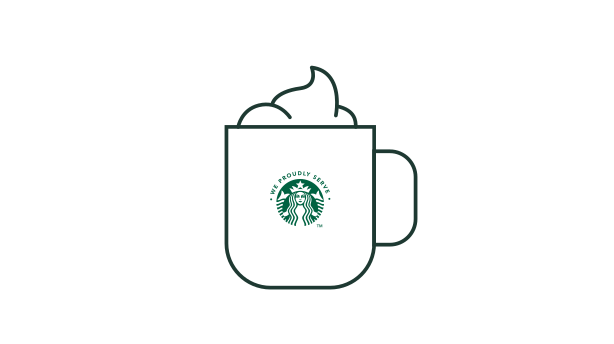 Line illustration of a We Proudly Serve Starbucks coffee mug topped with whipped cream