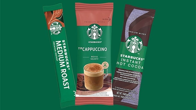Starbucks Premium Instant beverage sachets: Starbucks Medium Roast coffee, Cappuccino mix, and Instant Hot Cocoa
