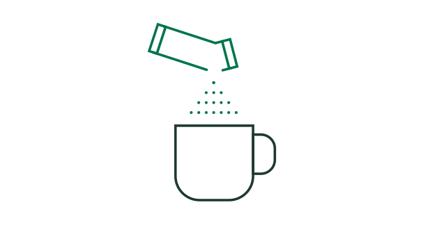 Line illustration of a sachet being poured into a cup