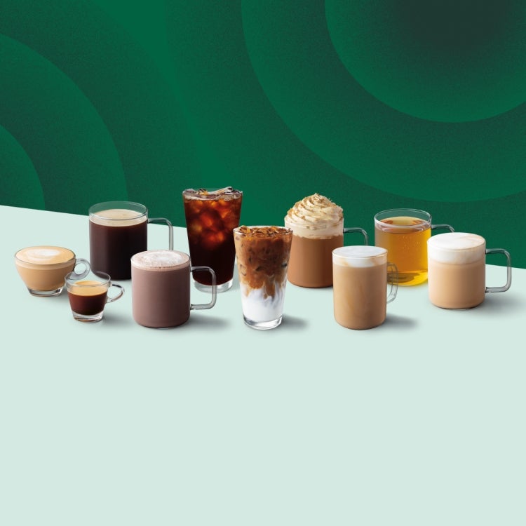 A assortment of iconic Starbucks beverages displayed in two rows