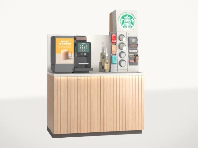 The We Proudly Serve Starbucks self-serve solution in short: self-serve coffee machine and counter