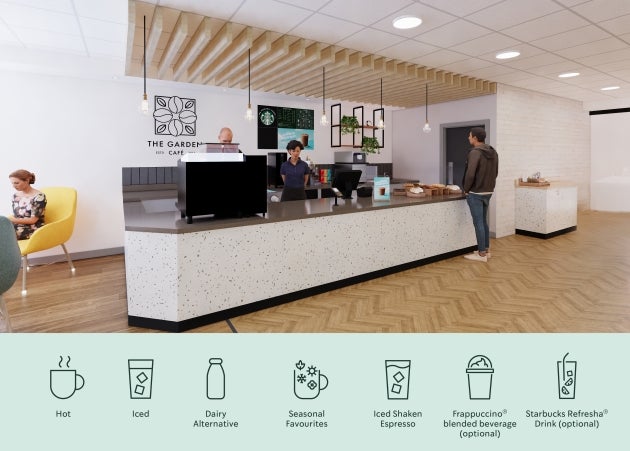 A man at the We Proudly Serve Starbucks serving counter offering hot and cold drinks, seasonal favourites, and more