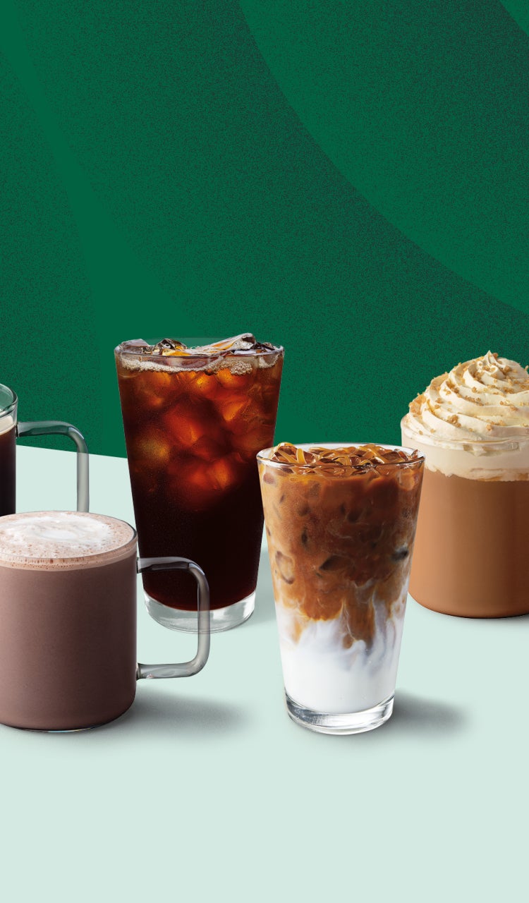 A variety of coffee and other beverages arranged in two rows