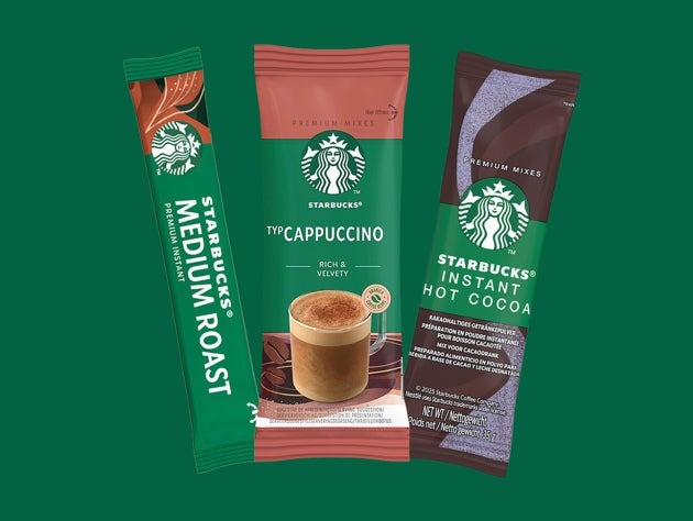 Starbucks Premium instant dranksachets: Starbucks Medium Roast koffie, cappuccinomix en instant warme chocolademelk.
