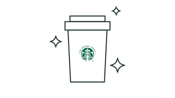 Lijntekening van een take-away koffiebeker met het logo We Proudly Serve Starbucks met glitters erom heen
