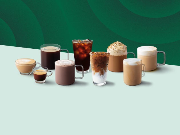 A variety of coffee and other beverages arranged in two rows