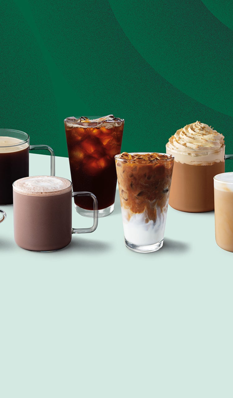 A variety of coffee and other beverages arranged in two rows