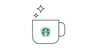 Line illustration of a We Proudly Serve Starbucks coffee mug with sparkles