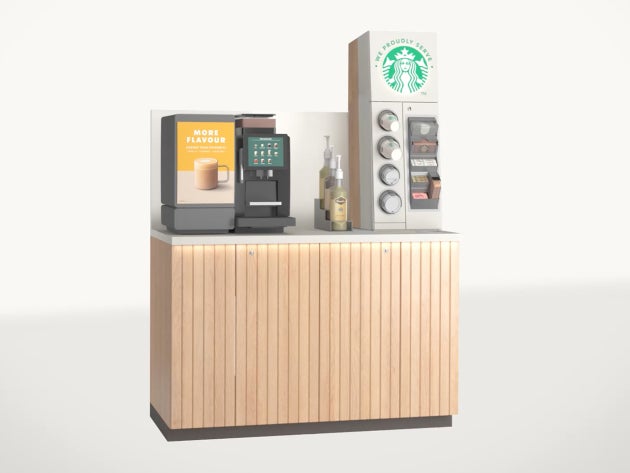 The We Proudly Serve Starbucks self-serve solution in short: self-serve coffee machine and counter