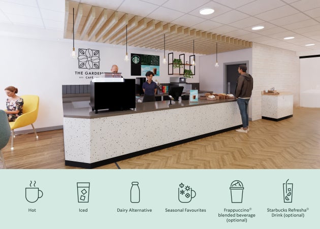 A man at the We Proudly Serve Starbucks serving counter offering hot and cold drinks, seasonal favourites, and more