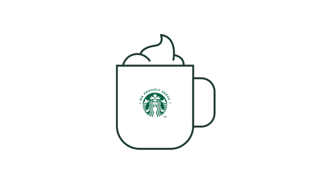 ภาพวาดเส้นแสดงแก้ว We Proudly Serve Starbucks ราดด้วยวิปครีม