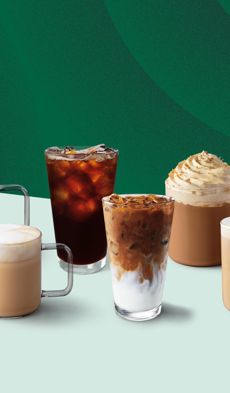 A variety of coffee and other beverages arranged in two rows