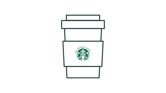 Line illustration of a takeaway coffee cup with a We Proudly Serve Starbucks logo