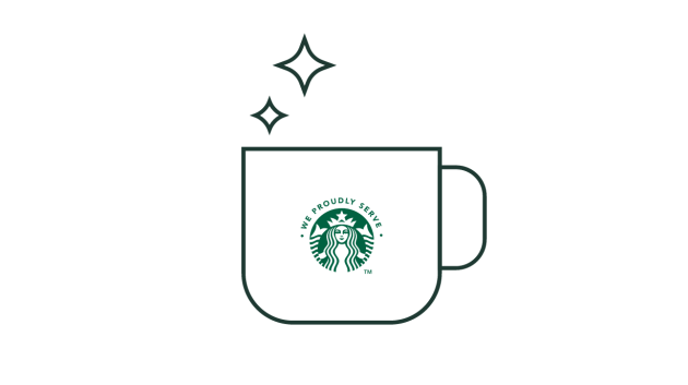 Line illustration of a coffee mug with a We Proudly Serve Starbucks logo